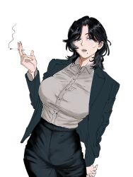  1girl black_pants blue_jacket breasts cigarette collared_shirt cowboy_shot curvy green_eyes grey_shirt hand_up highres huge_breasts jacket large_breasts looking_at_viewer mature_female mole mole_under_eye mole_under_mouth nao_h open_mouth original pants plump shirt smoking white_background 