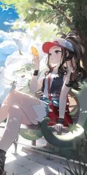  1girl @_@ absurdres baseball_cap black_vest blue_eyes blue_shorts blue_sky blush breasts brown_hair clouds commentary_request crossed_legs cutoffs denim denim_shorts drooling exposed_pocket falling_leaves feet_out_of_frame food hat high_ponytail highres hilda_(pokemon) holding holding_food holding_popsicle hot ice ice_cube ice_pack leaf long_hair mouth_drool naz_(hsae3838) on_bench on_head open_clothes open_mouth open_vest outdoors pavement poke_ball_print pokemon pokemon_(creature) pokemon_black_and_white ponytail popsicle power_lines revision serperior shirt shorts sidelocks sitting sky summer sweat tree vest white_shirt wristband 