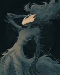  1other artist_name ayalace black_background black_hair black_skin breasts broken_mask colored_skin commentary dress english_commentary floating_hair grey_dress highres hollow_eyes hollow_knight hollow_knight:_silksong long_hair mask other_focus phantom_(hollow_knight) skeletal_arm small_breasts solo 