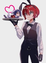  1boy 1girl amate_yuzuriha animal_costume animal_ear_hairband animal_ears apple aqua_eyes belt black_belt black_bow black_bowtie black_gloves black_pants black_vest bow bowtie commentary couple fake_animal_ears food fruit gloves grey_background gundam gundam_gquuuuuux hair_between_eyes hairband heart highres holding holding_tray looking_at_another mini_person o6nuqm pants purple_hair rabbit_costume rabbit_ear_hairband rabbit_ears red_eyes red_hair shirt short_hair shuji_ito simple_background smile standing tray untranslatable_commentary vest waitress white_shirt 