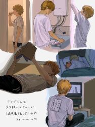  1boy absurdres black_pants book brushing_teeth chainsaw_man commentary denji_(chainsaw_man) head_on_pillow highres holding holding_book lying male_focus mekill215280 multiple_views on_back on_bed orange_hair pants paper_on_back pillow reading shirt short_hair sitting slice_of_life t-shirt television translation_request untranslatable_commentary white_shirt 