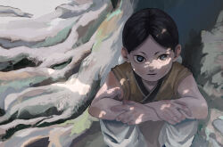  1boy against_tree aged_down black_hair child chinese_clothes cold commentary_request double_bun hair_bun highres keisha_(kingdom) kingdom_(manga) kingyoso-745 male_focus painterly plant_roots shade shadow solo squatting tree very_low_bun 