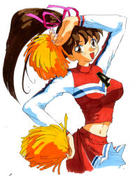 1990s_(style) 1girl brown_eyes brown_hair cheerleader gals_panic_s2 hair_ribbon high_ponytail holding holding_pom_poms kimuraya_izumi long_hair long_sleeves looking_at_viewer midriff official_art open_mouth pleated_skirt pom_pom_(cheerleading) ponytail retro_artstyle ribbon shinjou_akemi simple_background skirt solo white_background 