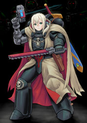  1boy adeptus_astartes armor bedivere_(fate) blonde_hair chainsword chaos_space_marine cloak cosplay cypher_(warhammer_40k) cypher_(warhammer_40k)_(cosplay) dark_angels energy_gun excalibur_(fate/stay_night) fate/grand_order fate_(series) green_eyes gun holding holding_gun holding_sword holding_weapon hood hood_down hooded_cloak kensaint looking_at_viewer male_focus mechanical_arms plasma_pistol power_armor prosthesis prosthetic_arm single_mechanical_arm skull skull_ornament solo sword sword_on_back warhammer_40k weapon weapon_on_back white_cloak 