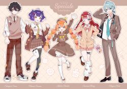  2boys 3girls :d ;) ;d absurdres arm_up black_hair black_shoes black_thighhighs bloomers blue_eyes blue_hair blue_necktie blunt_bangs blush bow bow_legwear bowtie breasts brown_necktie brown_pants brown_shoes brown_sweater_vest buttons closed_mouth collared_shirt commentary_request croix_(croixtw) dot_nose double-parted_bangs footwear_bow full_body grey_background grid_background hair_between_eyes hair_bow hand_up highres kirara_tamako kneehighs long_hair long_sleeves looking_at_viewer medium_breasts miniskirt multiple_boys multiple_girls nagisa_trout nanase_suzuna necktie nijisanji one_eye_closed open_mouth orange_eyes orange_hair outline outstretched_arm pants pink_bow pink_bowtie pink_skirt plaid_bow plaid_bowtie plaid_clothes plaid_pants pleated_skirt purple_hair red_eyes red_hair sakayori_soma saotome_berry shirt shoes short_hair single_hair_intake skirt smile sneakers socks speciale_(nijisanji) standing standing_on_one_leg sweater_vest thigh-highs violet_eyes virtual_youtuber white_bloomers white_bow white_outline white_shirt white_socks yellow_bow yellow_bowtie 
