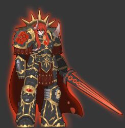  a544113 absurdres armor breastplate chaos_(warhammer) cosplay excalibur_morgan_(fate) eyes_of_horus_(warhammer_40k) fate/grand_order fate_(series) fujimaru_ritsuka_(female) full_armor gauntlets glowing highres holding holding_sword holding_weapon horus_lupercal horus_lupercal_(cosplay) long_hair orange_eyes orange_hair ornate_armor pauldrons pelt power_armor primarch scar scar_on_face shoulder_armor side_ponytail smile sons_of_horus spikes sword terminator_armor warhammer_40k weapon wolf_pelt 