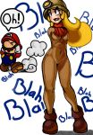  ankle_boots blonde_hair bodysuit covering_ears cravat elazuls-core eyebrows fang goomba goombella helmet long_hair mario nintendo no_arms paper_mario paper_mario:_the_thousand-year_door paper_mario_rpg personification pith_helmet simple_background standing super_mario_bros. thick_eyebrows 