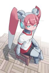  1girl android full_body gym_uniform highres joints kanbaru_mitsuki looking_at_viewer mechanical_hair on_stool red_shorts robot_joints shirt short_shorts short_sleeves shorts sitting solo stool twintails ueno-san_wa_bukiyou ueno_13 white_shirt wooden_floor 