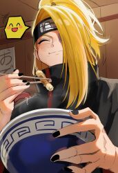  1boy absurdres akatsuki_uniform black_nails blonde_hair bowl chopsticks closed_eyes closed_mouth commentary_request deidara_(naruto) deidaramom eating food forehead_protector hand_mouth highres holding holding_bowl holding_chopsticks holding_with_chopsticks iwagakure_symbol korean_commentary long_hair male_focus naruto_(series) naruto_shippuuden saliva solo translation_request 