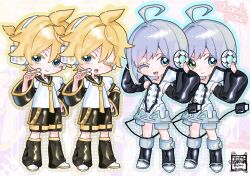  2boys ahoge androgynous belt black_sailor_collar blonde_hair blue_eyes cable cable_tail commentary_request commission cyber_fashion deformed green_eyes grey_hair headphones headset huge_ahoge kagamine_len leg_warmers mechanical_tail multiple_boys multiple_views neckerchief necktie one_eye_closed ponytail retrofuturism sailor_collar short_ponytail skeb_commission tail thank_you usb usb_cable usb_tail utatane_piko vocaloid yellow_belt yellow_neckerchief yellow_necktie yellow_trim yukitaroooo 