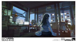  1girl absurdres balcony bed bedroom beer_bottle black_hair black_shorts book bookshelf bottle can cat ceiling_light chair childwolf chinese_commentary city city_lights clothes_hanger cola commentary_request computer computer_mouse desk electric_fan from_behind headphones highres indoors lamp long_hair monitor night original plant potted_plant refrigerator scenery shirt shorts sitting sky solo summer tree twilight unworn_shirt white_cat window 