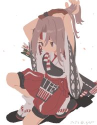  1girl adjusting_hair arms_up arrow_(projectile) brown_eyes brown_gloves brown_hair commentary_request gloves hachimaki hair_between_eyes hakama hakama_shorts haruta_(hrtco) headband japanese_clothes kantai_collection kimono long_hair mouth_hold muneate on_one_knee partially_fingerless_gloves red_hakama ribbon ribbon_in_mouth rigging shorts simple_background single_glove solo twitter_username tying_hair white_background white_kimono wide_sleeves yugake zuihou_(kancolle) 