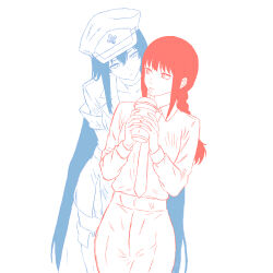  2girls absurdres akame_ga_kill! artist_request blue_hair braid braided_ponytail bubble_tea chainsaw_man commentary crossover crossover_couple drinking english_commentary esdeath highres long_hair looking_at_another makima_(chainsaw_man) military_uniform multiple_girls office_lady red_hair very_long_hair yuri 