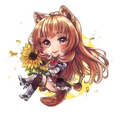  1girl animal_ear_fluff animal_ears anoushka_russell armor armored_boots belt black_dress blush boots bouquet breastplate breasts brown_armor brown_belt brown_boots brown_hair chibi closed_mouth collared_dress commentary dress elbow_gauntlets english_commentary falling_petals floating flower frilled_arm_cuffs fur-trimmed_armor fur-trimmed_boots fur_trim gift_art grey_armor hair_tubes high_collar holding holding_bouquet layered_dress leather_armor leg_up long_hair long_sleeves looking_at_viewer metal_arm_cuffs metal_hair_tubes multicolored_boots neck_ribbon petals pinstripe_dress pinstripe_pattern raccoon_ears raccoon_girl raccoon_tail raphtalia red_dress red_eyes red_ribbon ribbon short_dress signature sleeveless sleeveless_dress small_breasts smile solo straight_hair sunflower tail tanuki tate_no_yuusha_no_nariagari thigh_boots two-tone_armor two-tone_boots two-tone_dress watermark white_background white_dress white_fur yellow_petals 