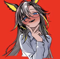  1girl animal_ears blue_eyes blush brown_hair chime! collared_shirt colored_inner_animal_ears colored_inner_hair commentary_request downturned_eyes dream_journey_(umamusume) evil_smile eyewear_strap finger_to_own_chin glasses glint grey_shirt hair_between_eyes head_tilt horse_ears horse_girl inward_v long_hair long_sleeves multicolored_hair nose_blush open_mouth red_background semi-rimless_eyewear shirt simple_background smile solo straight-on streaked_hair umamusume under-rim_eyewear upper_body v white_hair 