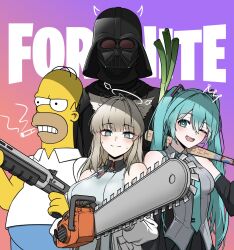  2boys 2girls :d absurdres animal_ears aqua_eyes aqua_hair aqua_necktie arknights arknights:_endfield baseball_bat bird_ears bird_girl black_cape black_helmet black_jumpsuit black_skirt blue_eyes blush bright_pupils cape chainsaw clenched_teeth coat colored_skin commentary copyright_name crossover darth_vader english_commentary fortnite grey_shirt gun hatsune_miku helmet highres holding holding_baseball_bat holding_chainsaw holding_gun holding_weapon homer_simpson jumpsuit long_hair multiple_boys multiple_crossover multiple_girls necktie off_shoulder one_eye_closed open_mouth perlica_(arknights) pleated_skirt reynamadrista shirt shotgun skirt sleeveless sleeveless_shirt smile standing star_wars teeth the_simpsons twintails upper_body vocaloid weapon white_coat white_pupils white_shirt yellow_skin 