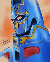  1other 2023 armor blue_armor close-up clouds commentary_request giant_gorg glowing glowing_eyes gorg highres kobakin looking_down mecha no_humans orange_eyes retro_artstyle robot signature simple_background yasuhiko_yoshikazu_(style) 