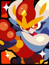  black_border border bright_pupils cinderace commentary highres kicking open_mouth orange_eyes pokemon pokemon_(creature) pokemon_focus shichi_(7cube_ori) solo sparkle thick_lineart untranslatable_commentary white_pupils 
