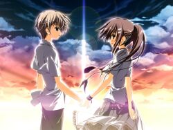  1boy 1girl arm_at_side arm_behind_back blurry bokeh clouds cloudy_sky collared_shirt depth_of_field dress eye_contact frilled_skirt frills game_asset holding_hands kagome_(traumatize) kita_high_school_uniform_(subarashiki_hibi) long_hair looking_at_another mamiya_takuji minakami_yuki non-web_source official_art ponytail profile self-datamine shirt short_sleeves skirt sky subarashiki_hibi variant_set visual_novel_cg white_skirt wind 