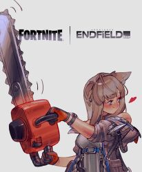  1girl absurdres animal_ears arknights arknights:_endfield bare_shoulders bird_ears bird_girl black_gloves blue_eyes breasts chainsaw commentary dress fortnite gloves grey_hair highres holding holding_chainsaw jacket kengyou_lei long_hair multicolored_gloves off_shoulder perlica_(arknights) smile two-sided_gloves two-tone_gloves weapon white_dress white_jacket 