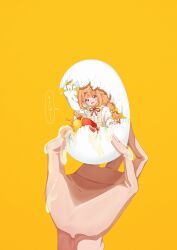  1girl :d asymmetrical_legwear braid commentary_request cracked_shell disembodied_hand egg egg_white egg_yolk fork_hair_ornament hair_ornament hatching highres holding holding_egg in_eggshell kirara_tamako kirara_tamako_(1st_costume) long_hair low_twin_braids mini_person minigirl mismatched_legwear name_connection nijisanji object_namesake orange_eyes orange_hair pun simple_background smile speech_bubble twin_braids virtual_youtuber yaya_0810 yellow_background 