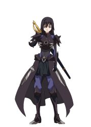  1girl armor armored_boots artist_request black_armor black_gloves black_hair black_leotard black_skirt blue_eyes boots breastplate chronoa_(tensura) closed_mouth covered_navel full_body gloves hair_between_eyes hand_up knee_boots leotard long_hair looking_at_viewer official_art pants purple_pants reaching reaching_towards_viewer scabbard second-party_source sheath sheathed shoulder_spikes simple_background skirt solo spiked_armor spikes standing sword sword_on_back tensei_shitara_slime_datta_ken transparent_background vambraces waist_cape weapon weapon_on_back 