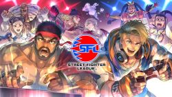  3girls 4girls 6+boys alex_winger arcade_stick beard black_hair blonde_hair bracelet braid brown_hair cheering chun-li commentary_request controller copyright_name dark-skinned_male dark_skin double_bun dougi ed_(street_fighter) facial_hair fingerless_gloves fuse_ryuuta game_controller gloves hair_bun hat headband headphones headphones_around_neck holding holding_controller hood hoodie ingrid_(capcom) jamie_siu jewelry joystick kimberly_jackson long_hair luke_sullivan multiple_boys multiple_girls muscular muscular_male open_mouth playing_games playing_video_games playstation_controller red_headband ryu_(street_fighter) sagat scar short_hair smile spiked_bracelet spikes street_fighter street_fighter_6 twintails 