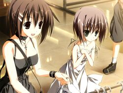  2girls black_choker black_dress brown_eyes brown_hair choker clothes_hanger cross cross_necklace dress game_asset green_eyes holding indoors jewelry kagome_(traumatize) light_blush looking_ahead looking_at_another multiple_girls necklace non-web_source official_art self-datamine shoulder_strap sleeveless sleeveless_dress subarashiki_hibi tile_floor tiles variant_set visual_novel_cg white_dress 
