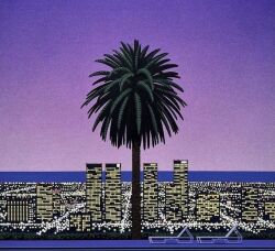  building chair city city_lights cityscape clear_sky commentary_request evening highres hiroshi_nagai horizon lounge_chair no_humans ocean original outdoors palm_tree pink_sky sky skyscraper tree water 