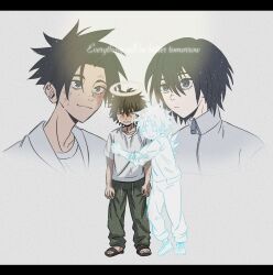  2boys beaten black_hair bruise bruise_on_face closed_eyes closed_mouth crying english_text false_memory ghost grey_background guan_chao_(false_memory) hair_down halo he_mingshuo highres hug injury kairusha letterboxed looking_at_another male_focus multiple_boys pants sandals see-through_body shirt simple_background smile spiky_hair tears white_shirt 