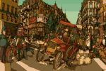  building buildings car cars city dog gecco hat hershel_layton hirasawa_geko landscape luke_triton motor_vehicle motorcycle police professor_layton scenery statue street top_hat traffic vehicle 