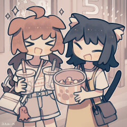  >_< 2girls :d ahoge animal_ear_fluff animal_ears black_hair blush_stickers brown_hair cat_ears cat_girl cat_tail closed_eyes commentary_request cowboy_shot cup disposable_cup dog_ears dog_girl dog_tail dress food futami_ya grey_shorts highres holding holding_cup motion_lines multiple_girls notice_lines open_mouth original outline pinafore_dress popcorn popcorn_bucket shirt short_hair short_sleeves shorts signature sleeveless sleeveless_dress smile sparkle tail tail_wagging white_outline white_shirt xd yellow_dress 