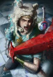  1boy adventure_time animal_ear_hood blonde_hair blue_shirt brown_eyes demon_blood_sword dog finn_sword finn_the_human highres holding holding_sword holding_weapon hood jake_the_dog mechanical_arms neott open_mouth shirt short_hair single_mechanical_arm sword weapon 