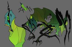 1boy 1other absurdres antennae arthropod_boy arthropod_girl blue_hair bug claws commentary_request extra_eyes full_body green_eyes green_theme grey_background highres hunched_over korean_commentary male_focus monster monster_boy multiple_legs my_little_pony my_little_pony:_friendship_is_magic no_humans oxoooo queen_chrysalis simple_background solo spider 