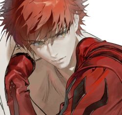  1boy emiya_shirou fate/grand_order fate_(series) haemooowo igote japanese_clothes male_focus orange_hair senji_muramasa_(fate) short_hair simple_background solo upper_body white_background yellow_eyes 