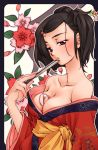  black_eyes black_hair breasts cleavage closed_fan collarbone fan floral_print flower folding_fan glasses glasses_removed hair_ornament hair_up hairclip japanese_clothes kimono off_shoulder solo 