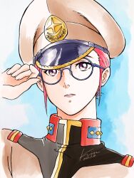  1girl commentary_request earth_federation glasses gundam hat highres kobakin looking_at_viewer matilda_ajan military military_uniform mobile_suit_gundam portrait red_hair retro_artstyle science_fiction short_hair simple_background solo watercolor_effect 