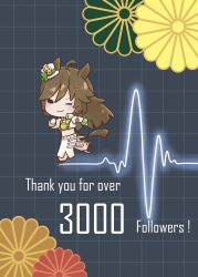  >_o 1girl ;) absurdres animal_ears brown_hair cardiogram chibi chibi_only chokueji commentary_request grey_background grid_background hat highres horse_ears horse_girl horse_tail jacket kikkoumon long_hair long_sleeves looking_at_viewer milestone_celebration mr._c.b._(clear_bliss)_(umamusume) mr._c.b._(umamusume) one_eye_closed panties smile solo tail thank_you top_hat umamusume underwear white_hat white_jacket white_panties 