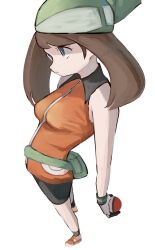  1girl bandana bike_shorts black_collar blue_eyes brown_hair collar fanny_pack gloves green_bandana highres holding holding_poke_ball looking_to_the_side may_(pokemon) orange_shirt poke_ball poke_ball_(basic) pokemon pokemon_emerald pokemon_ruby/sapphire/emerald shirt simple_background sleeveless tikuwabu_33 white_background white_gloves 