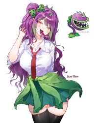  absurdres artist_name blush buro_moon carnivorous_plant chomper_(plants_vs._zombies) collared_shirt commentary earrings green_skirt hand_in_own_hair heart heart_earrings highres jewelry long_tongue monster_girl mouth_focus necktie personification plant plant_girl plants_vs._zombies purple_hair saliva sentient_plant sharp_teeth shirt skirt sweater teeth thighs thorns tongue tongue_out venus_flytrap white_background white_shirt 