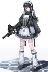  1girl absurdres apron asymmetrical_legwear black_hair black_shoes black_skirt blue_hair bullpup chain chest_rig colored_inner_hair commentary dog_tags english_commentary fishnets fn_p90 frilled_apron frills full_body gun gun_sling highres holding holding_gun holding_weapon jacket jersey_maid kneehighs leg_belt leg_warmers long_hair looking_at_viewer magazine_(weapon) maid maid_apron maid_headdress multicolored_hair original revision see-through_magazine_(weapon) shoes single_kneehigh single_leg_pantyhose single_sock skirt socks solo standing sthk submachine_gun suppressor tactical_maid track_jacket trigger_discipline turtleneck turtleneck_jacket two-tone_hair unconventional_maid uneven_legwear weapon white_apron white_leg_warmers 