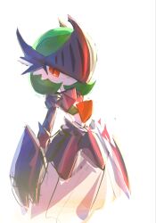  1other arm_guards armor armored_skirt breastplate commentary cowboy_hat english_commentary facing_viewer from_side gardevoir green_hair hat helmet highres looking_to_the_side maeyufiore no_humans pokemon pokemon_(creature) pokemon_focus red_eyes signature simple_background slit_pupils solo standing visor_(armor) white_background 
