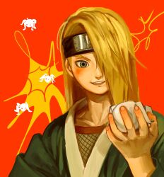  1boy akatsuki_uniform blonde_hair blue_eyes deidara_(naruto) fishnet_top fishnets highres iwagakure_symbol long_hair looking_at_viewer male_focus naruto_(series) naruto_shippuuden red_background short_hair simple_background solo tabiii123 