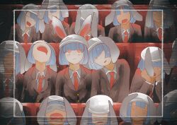  6+girls animal_ears black_jacket blazer blue_hair buttons closed_eyes closed_mouth collared_shirt commentary_request drooling eye_mask hat head_tilt highres inset_border jacket long_sleeves mask moon_rabbit_extra_(touhou) mouth_drool movie_theater multiple_girls necktie open_mouth rabbit_ears rabbit_girl red_eyes red_necktie shirt short_hair sitting sleeping touhou umaieokakitai white_hat white_shirt 