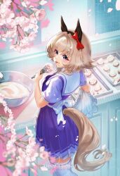  1girl absurdres animal_ears apron baking_sheet batter black_hairband blush bow bowtie breasts closed_mouth commentary cupcake curren_chan_(umamusume) ear_bow ear_covers flower food grey_hair hair_between_eyes hairband highres holding holding_whisk horse_ears horse_girl horse_tail mistiousstar pleated_skirt puffy_short_sleeves puffy_sleeves purple_bow purple_bowtie purple_shirt purple_skirt red_bow sailor_collar sailor_shirt school_uniform shirt short_hair short_sleeves skirt solo tail thigh-highs tongue tongue_out tracen_school_uniform umamusume violet_eyes whisk white_apron white_thighhighs 