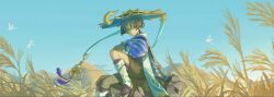  1boy animal_print belt bird_print bishounen black_belt black_bow black_hair black_sandals black_shorts blue_hat blue_jingasa blue_sky blue_sleeves blunt_ends bow cape choppy_bangs clear_sky closed_mouth commentary_request elbow_on_knee eyeliner furisode genshin_impact gold grass grasslands hat highres japanese_clothes jingasa kimono knee_up layered_sleeves leg_warmers looking_at_viewer makeup male_focus mountainous_horizon nonoji_(nonoji_ekaki) outdoors pom_pom_(clothes) purple_cape purple_rope purple_sash red_eyeliner rock rope sandals sash scaramouche_(genshin_impact) short_sleeves shorts side_cape sitting sky solo stirrup_legwear tall_grass tassel toeless_legwear tsurime twitter_username violet_eyes wanderer_(genshin_impact) watermark white_kimono white_leg_warmers white_sleeves white_trim wolf_cut zouri 
