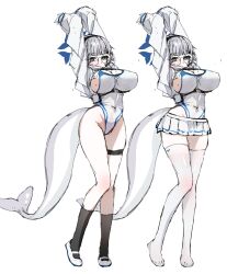  black-framed_eyewear black_choker black_socks blue_archive blue_halo breasts cetacean_tail choker commentary_request fins fish_tail half-closed_eyes halo hato_haru highres huge_breasts jacket kotone_(blue_archive) large_breasts one-piece_swimsuit shoes skirt socks swimsuit tail thigh-highs white_hair white_jacket white_one-piece_swimsuit white_shoes white_skirt white_socks wide_hips 