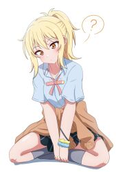  #yukitannpo 1girl ? absurdres blonde_hair blue_scrunchie blue_shirt blush bracelet brown_sweater clothes_around_waist collarbone collared_shirt commentary_request crossed_legs facing_viewer grey_socks highres jewelry looking_down love_live! love_live!_nijigasaki_high_school_idol_club medium_hair miyashita_ai orange_eyes pink_ribbon plaid_clothes plaid_skirt pleated_skirt ponytail ribbon scrunchie shirt short_sleeves simple_background skirt socks solo speech_bubble sweater sweater_around_waist undone_collar white_background wrist_scrunchie yellow_scrunchie 