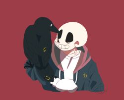  1boy 2020 2d animal animal_on_arm aofuji06 bird bird_on_arm black_beak black_feathers blue_jacket cropped_torso crow digital_media grey_hood hollow_eyes hood hood_down hooded_jacket humanoid jacket long_sleeves male male_focus male_only mittens monster monster_boy open_clothes open_jacket red_background sans_(undertale) shirt signature simple_background skeleton solo teeth undead undertale utdr_(toby_fox) white_mittens white_shirt 