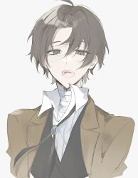  1boy alternate_hairstyle bandaged_neck bandages black_vest bolo_tie brown_eyes brown_hair brown_jacket bungou_stray_dogs commentary_request dazai_osamu_(bungou_stray_dogs) dress_shirt highres iori_0217 jacket looking_at_viewer male_focus middle_part open_mouth shirt short_hair simple_background solo suit_jacket teeth upper_body vest white_background white_shirt 